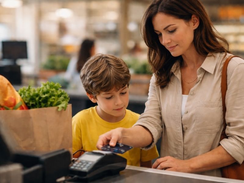 Mãe realiza pagamento por aproximação enquanto criança observa a maquininha, em um supermercado, ilustrando educação financeira infantil no cotidiano digital.